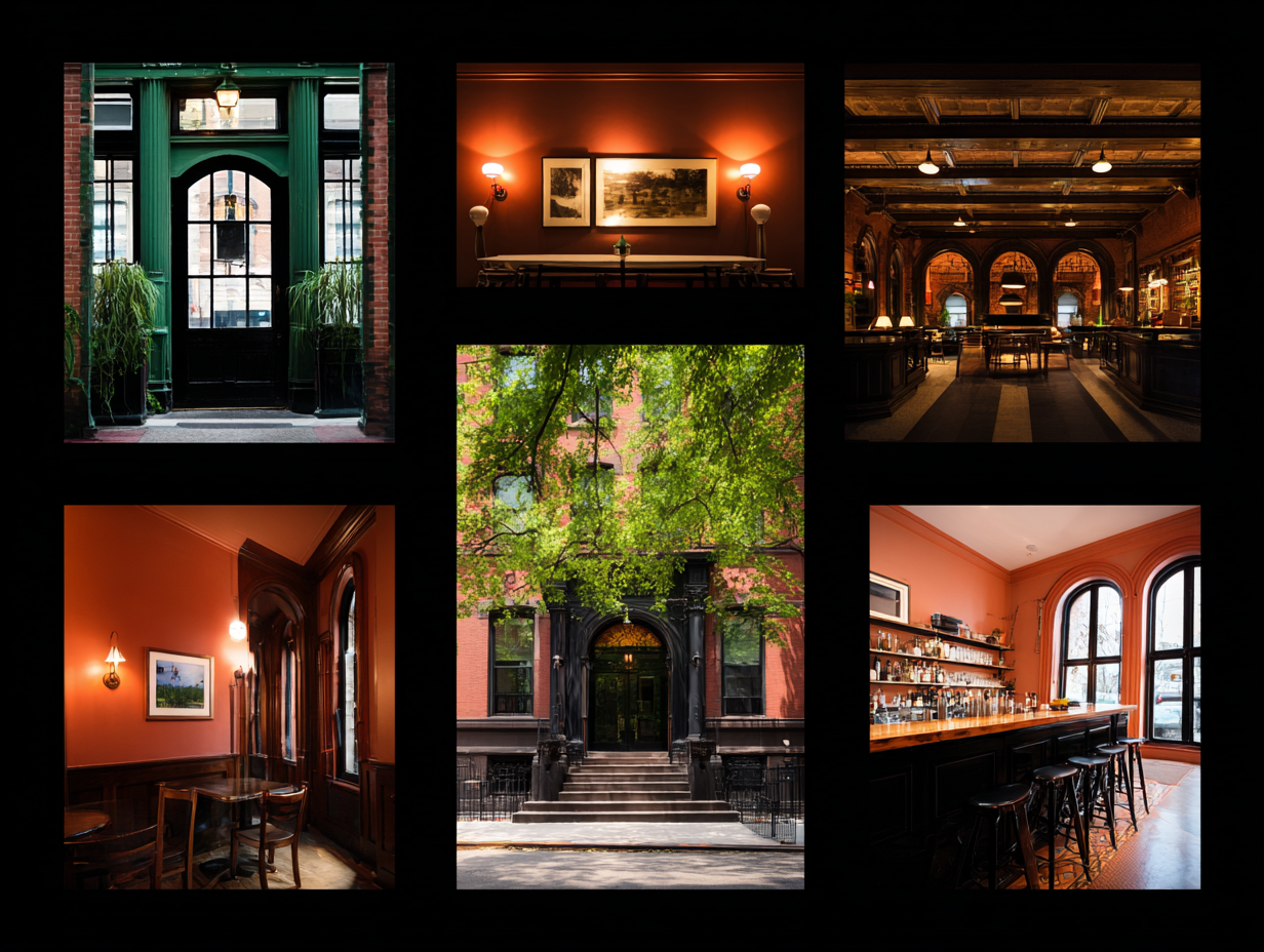 Collage of Brooklyn properties — restaurant interior, medical office, recording studio, apartment building